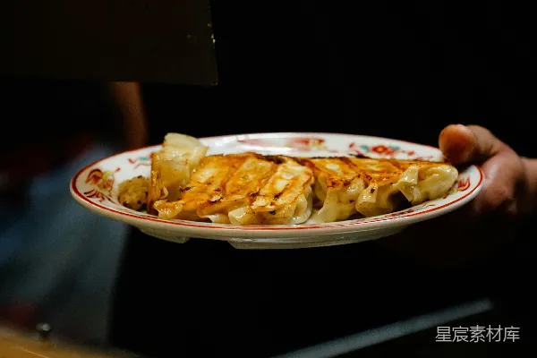 高清摄影 金色的煎饺子摆放在装饰盘中。