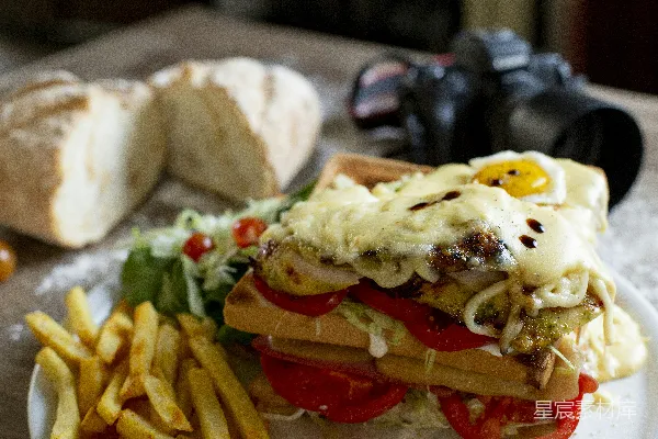高清摄影 华夫饼三明治配薯条、沙拉和面包。