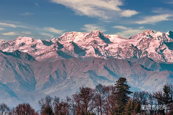 覆盖着白雪的山峦背景中有树木。