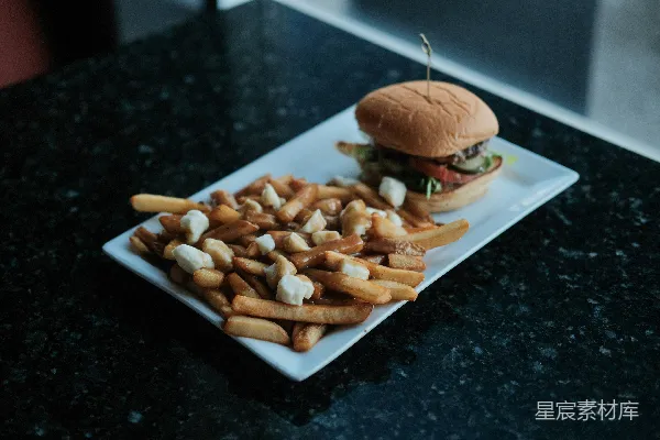 高清摄影 一份汉堡和魁北克式 fries 用白色盘子呈现。