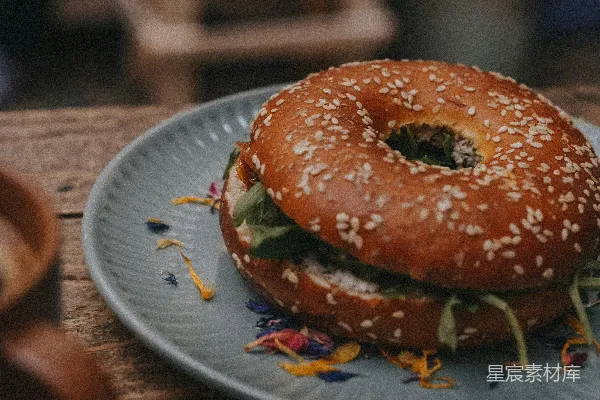 高清摄影 一个法棍三明治放在一个蓝色 plates 上面