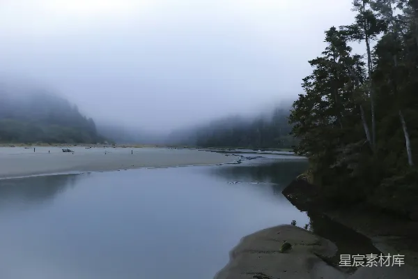 高清摄影 雾天中被绿树环绕的湖泊