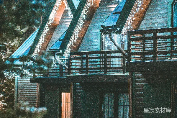 高清摄影 棕色木屋旁边绿树之中在夜间时间