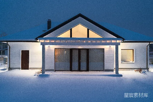 高清摄影 一盏灯在雪夜中照亮了一座房子。