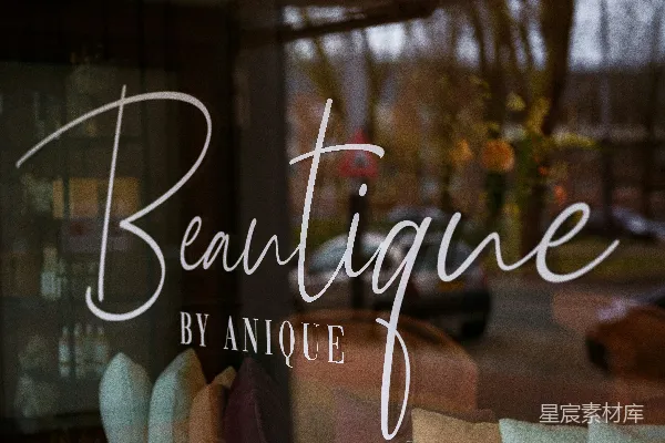 高清摄影 一扇玻璃窗户的特写，上面写着“beautique”这个词。