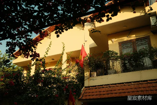 高清摄影 带有红旗和绿植的黄色建筑