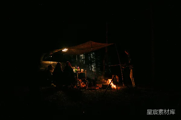 高清摄影 一群人在篝火旁围坐，夜晚温馨。