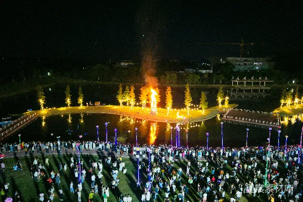 高清摄影 一大群人夜晚在湖边观看篝火。
