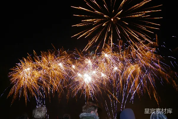 高清摄影 人们在夜空中观看烟花爆炸。