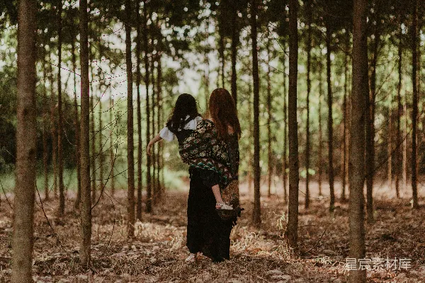 高清摄影 一个女人在森林中抱着一个孩子