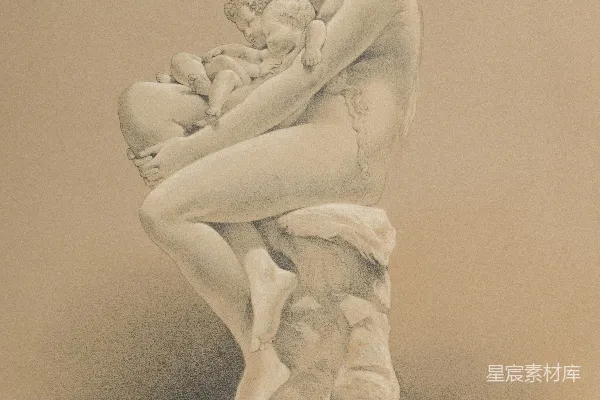 高清摄影 一尊大理石雕塑，描绘一位母亲抱着两个孩子。