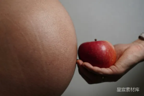 高清摄影 怀孕的肚子旁有一只手递出一个苹果