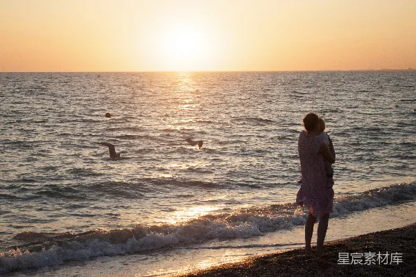 高清摄影 一位女士站在海滩上，看着夕阳落下。