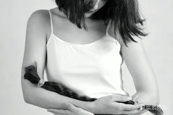 高清摄影 一张黑白照片，照片中一位女士抱着一只猫。