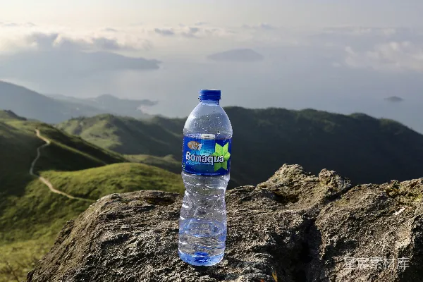 高清摄影 标有蓝色标签的瓶装水在棕色岩石上