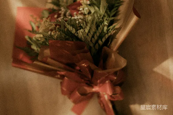 高清摄影 一束红色玫瑰花，配以绿叶和绿植。