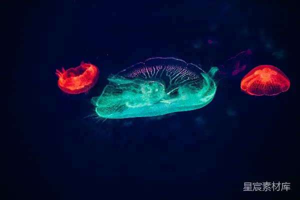 高清摄影 两只红色和一只绿色的霓虹水母