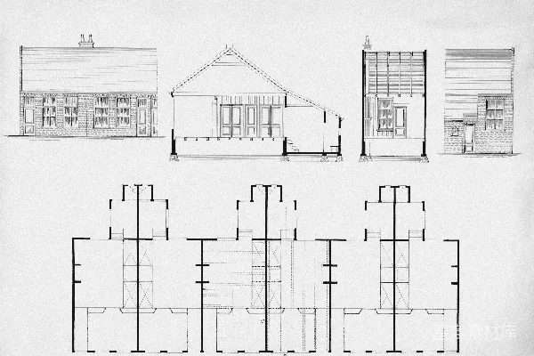 高清摄影 建筑的建筑图纸，包括立面图和平面图。