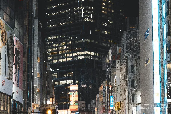 高清摄影 夜晚的城市街道，周围是高大的建筑物。