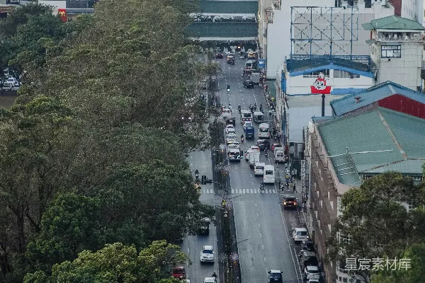 高清摄影 一条繁忙的城市街道，两旁是高楼大厦。