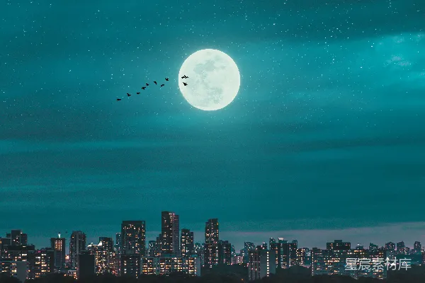 高清摄影 城市天际线上空圆月高挂的夜晚