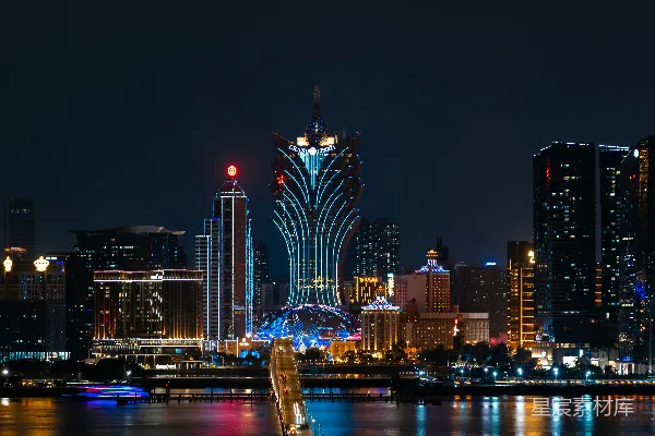高清摄影 夜晚的城市天际线，一座桥横跨其间。