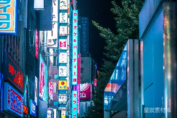 高清摄影 夜晚繁华的城市街道，霓虹灯闪烁。