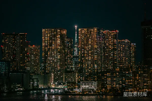高清摄影 夜晚的城市全景，有许多高楼大厦。