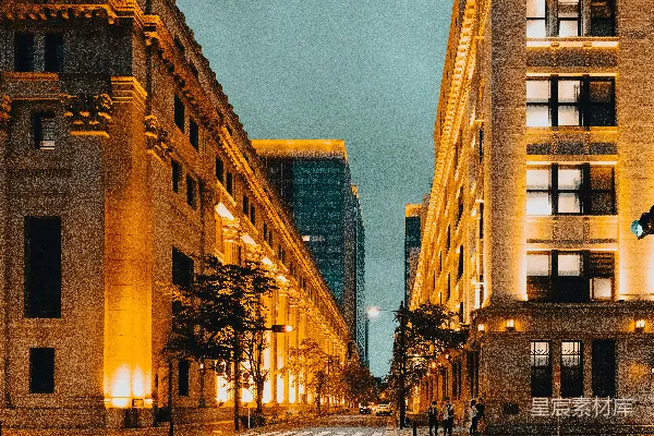 高清摄影 夜晚的城市街道，高大的建筑物林立。