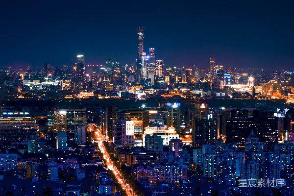 高清摄影 夜晚城市天际线，灯光璀璨。