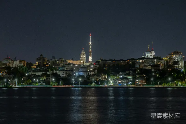 高清摄影 夜晚从水面上看城市的景象