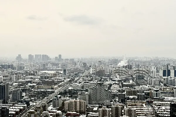 高清摄影 一座广袤的城市景观，天空灰蒙蒙的，略显阴沉。