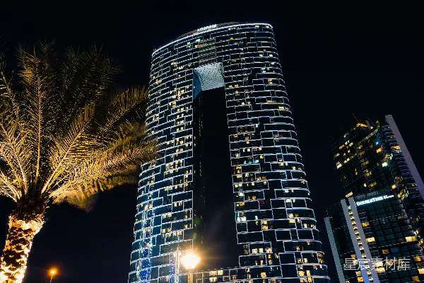 高清摄影 夜晚一株棕榈树旁的一栋高楼