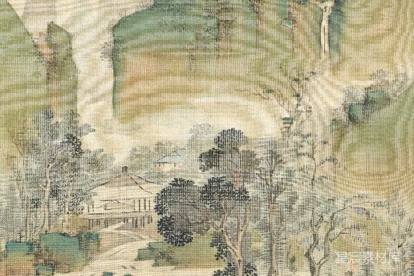 一幅山水画，山中有河穿过。