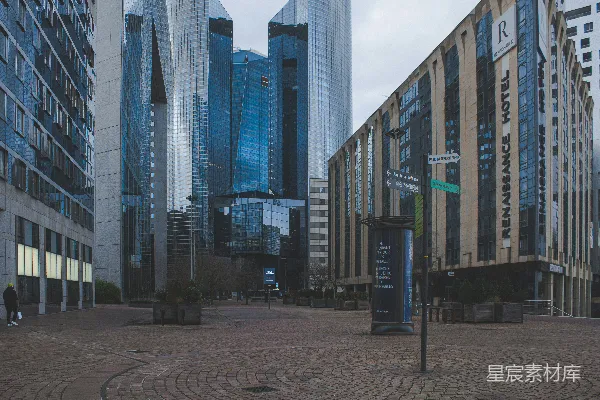 高清摄影 一条鹅卵石街道，背景中有高大的建筑物。