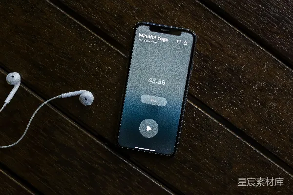 木质桌面上放置着一部iPhone和耳机。