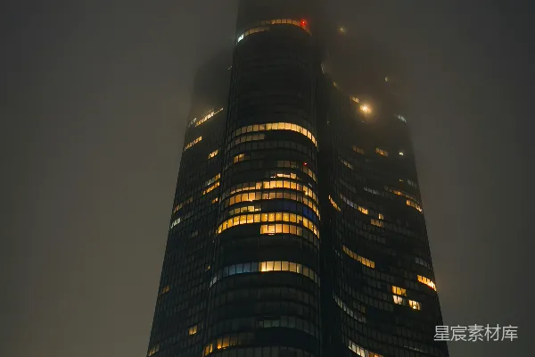 高清摄影 夜晚，摩天大楼笼罩在雾中。