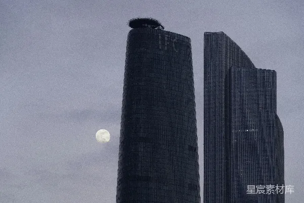 高清摄影 两栋高大的建筑在背景中有一轮满月。