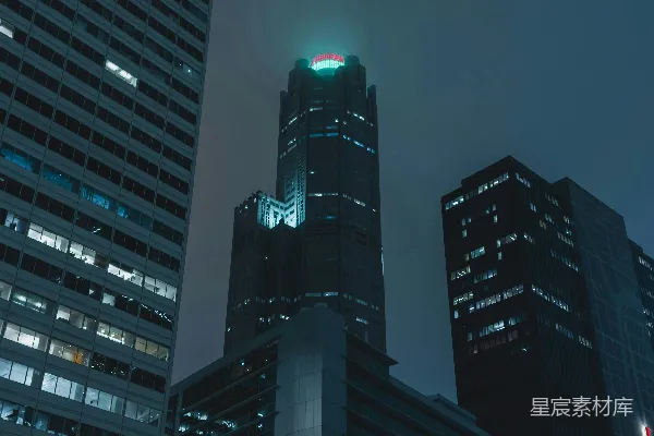 高清摄影 夜幕下，高耸的摩天大楼在黑暗的天空下被照亮。