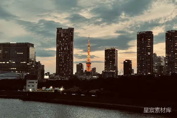 高清摄影 夕阳西下时，水边的城市天际线