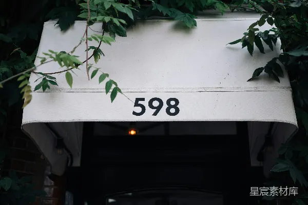 高清摄影 带有雨棚和门牌号码598的建筑入口。