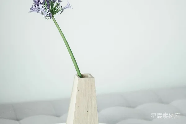 高清摄影 一张白色的桌子，上面有一朵花放在一个木制花瓶里。