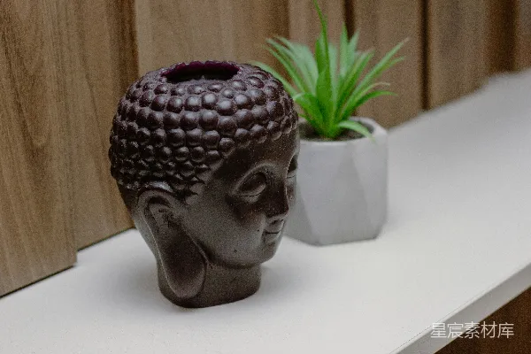 高清摄影 一个白色的架子，上面放着一盆植物和一个雕像头像。