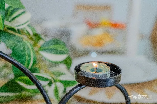 高清摄影 一支点燃的蜡烛放在一个黑色金属的烛台上。