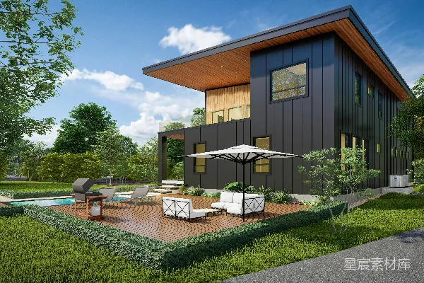高清摄影 一个带有泳池的现代房子的渲染图