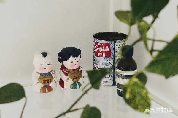 高清摄影 白色的雪人雕像在绿色植物上