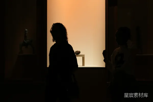 高清摄影 在昏暗的博物馆里，人们行走的剪影。