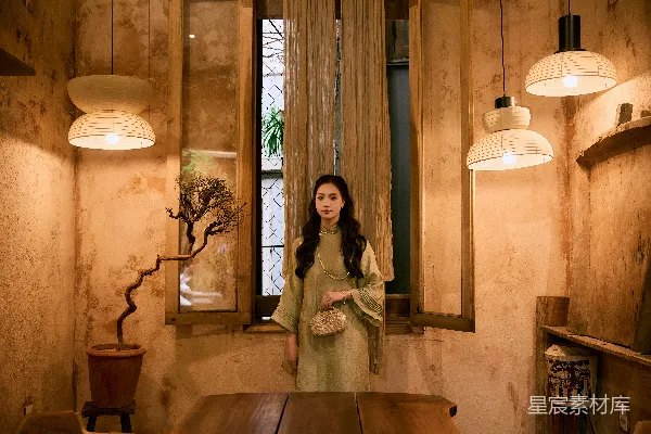 高清摄影 穿着复古连衣裙的年轻女子站在室内。
