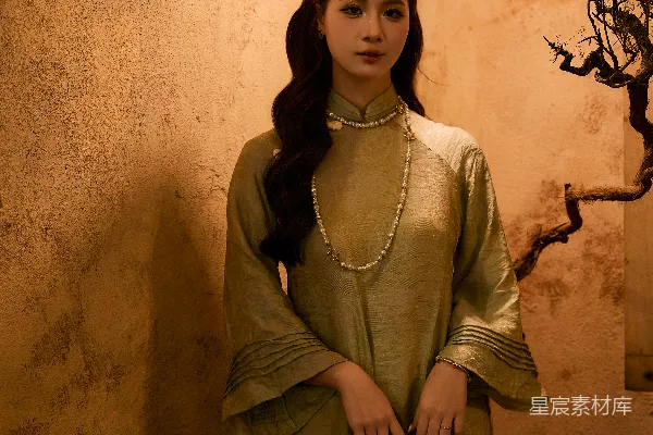 高清摄影 一个穿着传统服装的女人手里拿着一个小钱包。