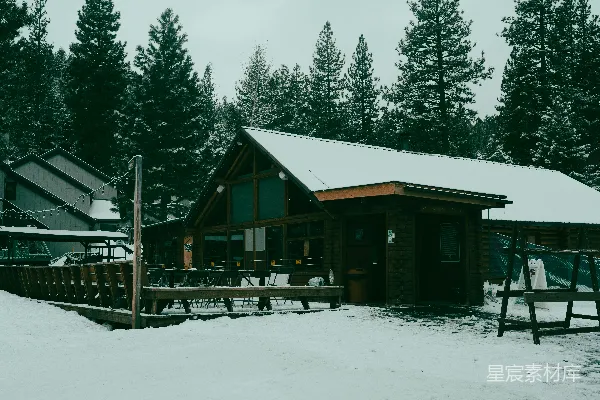 寒冷的一天，白雪覆盖的小屋周围是树木。